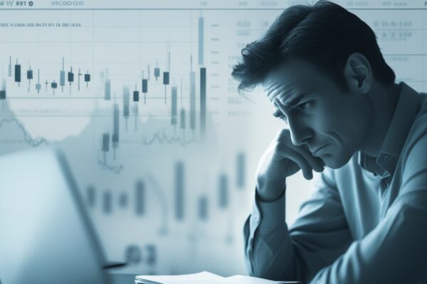 Frustrated stock market investor reviewing financial charts on a laptop, symbolizing emotional investing mistakes