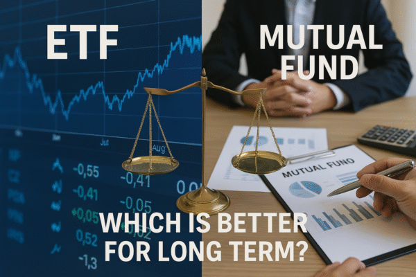 Treemap infographic comparing ETFs and mutual funds, highlighting key differences for long-term investment decisions