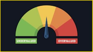 Stock valuation gauge illustrating the range from undervalued to overvalued