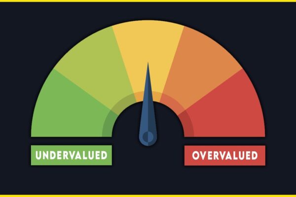 Stock valuation gauge illustrating the range from undervalued to overvalued