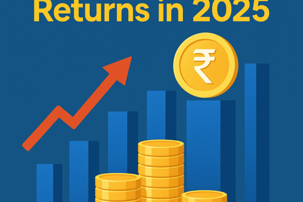 Illustration showing top dividend stocks in India outperforming FD returns in 2025 with gold coins, growth chart, and Indian flag