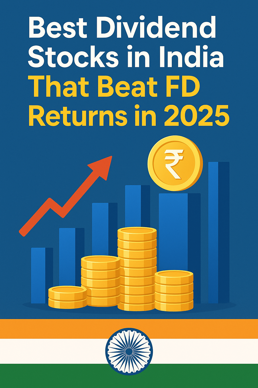 Illustration showing top dividend stocks in India outperforming FD returns in 2025 with gold coins, growth chart, and Indian flag