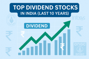 Infographic showing the highest dividend paying stocks last 10 years in India with dividend chart, rupee symbols, and company logos.