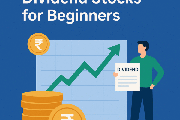 How to invest in dividend stocks for beginners infographic showing dividend growth chart, coins, and investor holding dividend paper.