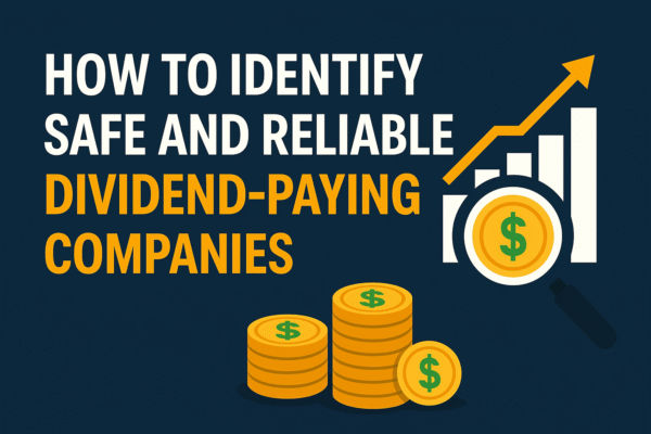Illustration showing how to identify safe and reliable dividend-paying companies with financial icons like charts, coins, and a magnifying glass.